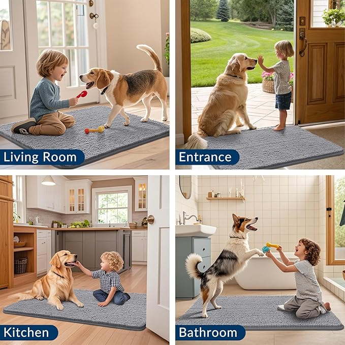 Smiry Dog Door Mat for Muddy Paws 44x24, Absorbs Moisture and Dirt Doormat, Non-Slip Washable Quick Dry Chenille Front Door Mat Indoor Entrance, Entryway Carpet for Inside Floor, Grey