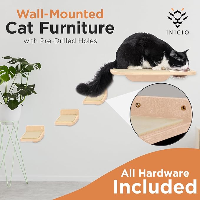 INICIO Cat Shelves – Dog Proof Feeding Station with Wall Mounted Shelves, 3 Steps for wall with Floating Shelf for Cats Up to 15lbs, Includes Cat Food Bowls for Convenient Feeding – Natural Wood