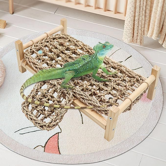 Dnoifne Bearded Dragon Bed with Climbing Ramp - Natural Wood and Seagrass Hammock, Reptile Tank Basking Platform Accessories for Leopard Gecko Lizard Frog - 12.6 × 7.1 × 3.9 inch