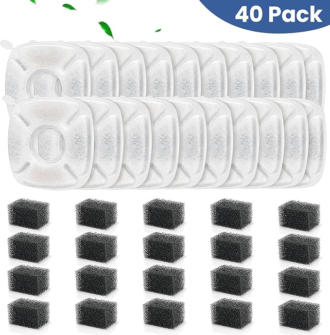 40 Pack Cat Water Fountain Carbon Filters, 20 Pcs Replacement Pet Filters with 20 Pcs Pre-Sponges Compatible with 67oz/2L 95oz/2.8L 135oz/4L Automatic Cats Dog Water Fountain Dispenser