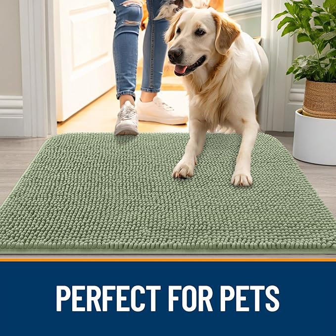 OLANLY Dog Door Mat Set 4-Piece 24x16, Absorbs Moisture and Dirt, Absorbent Non-Slip Washable Doormat, Quick Dry Chenille Mud Mat for Dogs, Entry Indoor Entryway Carpet for Inside Floor, Sage Green