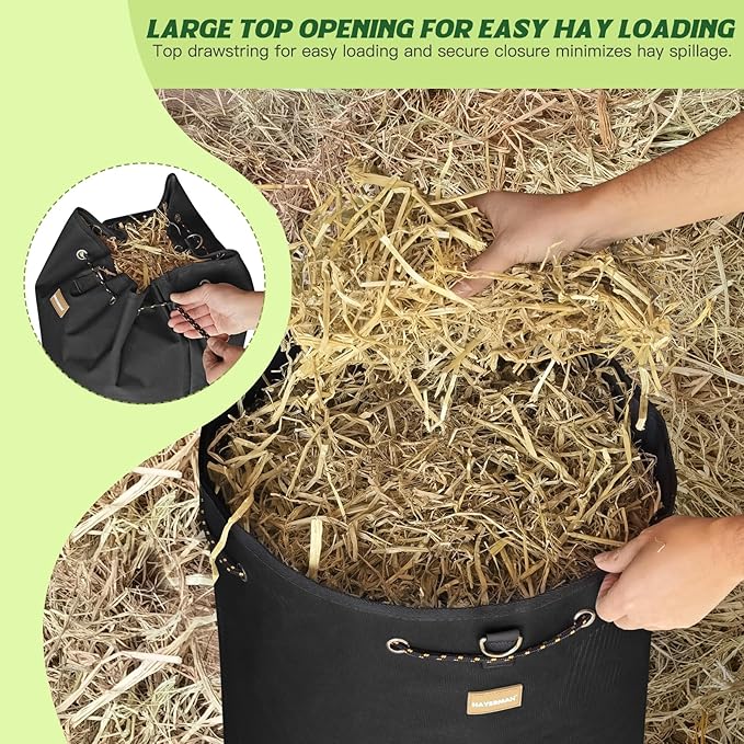 Hay Bags for Horses, Large Capacity Slow Feeder with Adjustable Top Opening, 4 Holes for Sheep, Goats, Donkeys