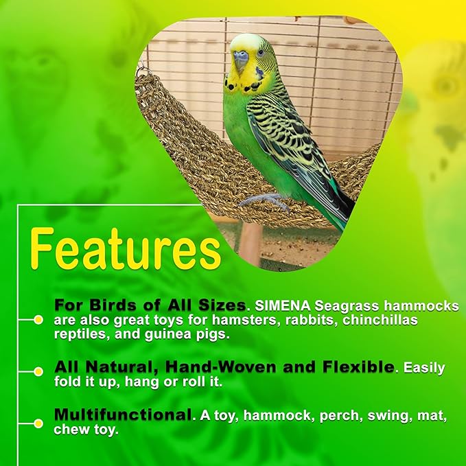 SIMENA Seagrass Mat for Birds, Natural Grass Woven Bird Net Hammock, Climbing Rope Ladder, Chew Toys for Parrots Lovebirds Cockatiels Conures Budgies, Cockatoos (Large)