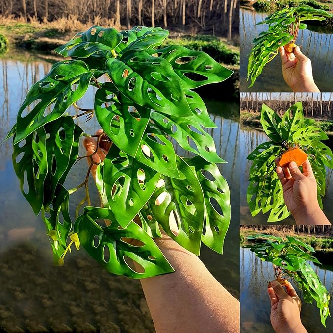 Woyrise Reptile Artificial Plants with Base, Terrarium Decor Amphibian Habitat Plant, Bearded Dragon Tank Accessories fit Gecko Lizard Chameleon Snake Frog - Monstera Adansonni
