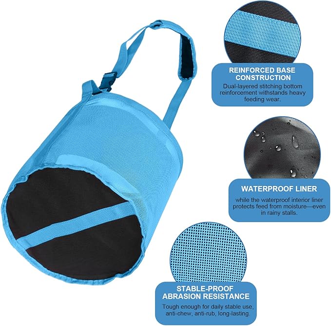 Heavy Duty Durable Waterproof Horse Feed Bag with Adjustable Strap - Mesh Grain Design, Comfort Neck Pad & Nose Pad Sky - Blue