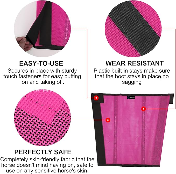 FOXLVDA Fly Boots for Horses Set of 4, Comfortable Horse Leggings, Mesh Material Design with Metal Support Bars for Reduces Stomping & Leg Fatigue (Pink, Medium)