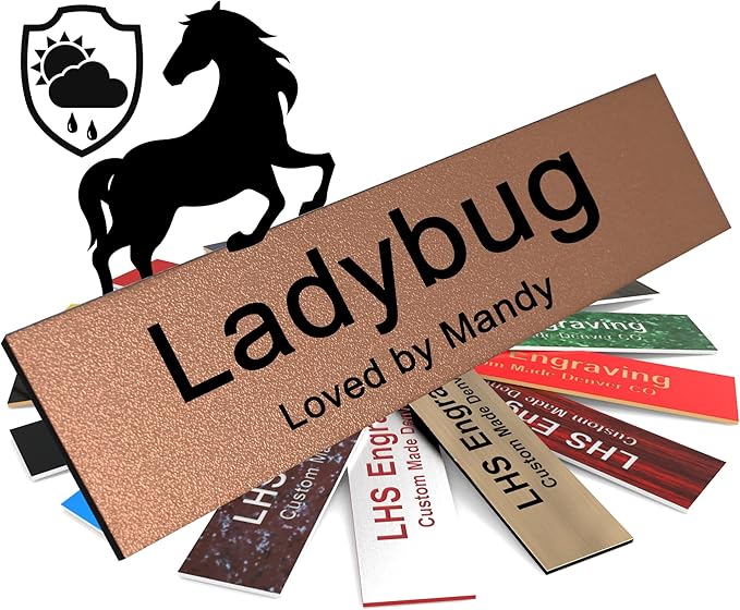 Horse Stall Name Plate, 2x8 Personalized Stall Signs, UV Protected, All Weather Adhesive, Hanging, Mounting or Other, Textured Copper Plastic Black Letters - Made in USA - M2
