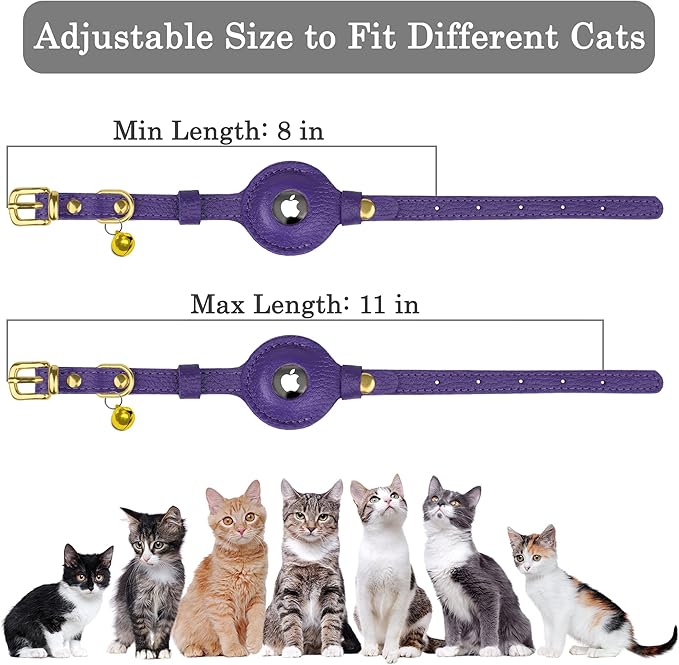 OOPSDOGGY Leather AirTag Cat Collar with Bell - Non Breakaway Kitten Collar with Apple Air Tag Holder - Lightweight GPS Pet Collars for Girl Boy Cats, Small Dogs, Puppies (Purple)