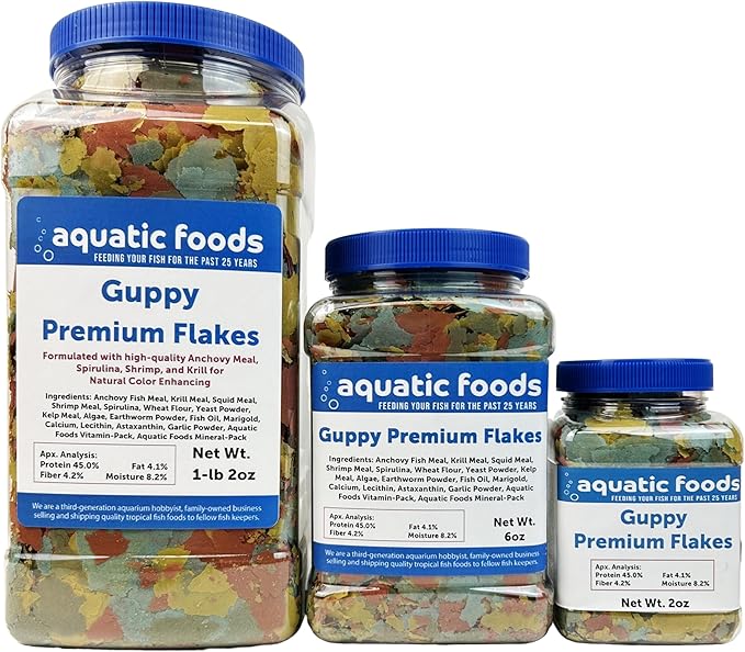 Aquatic Foods Inc. Premium Guppy and Endler Flake Food Also for Tetras, Zebras, All Nano and Micro Fish Also Pellet Mix, Wafer Mix Included…1-lb 2oz