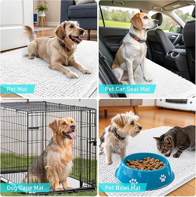 OLANLY Dog Door Mat for Muddy Paws 34x21, Absorbs Moisture and Dirt, Absorbent Non-Slip Washable Doormat, Quick Dry Chenille Mud Mat for Dogs, Entry Indoor Entryway Carpet for Inside Floor, White