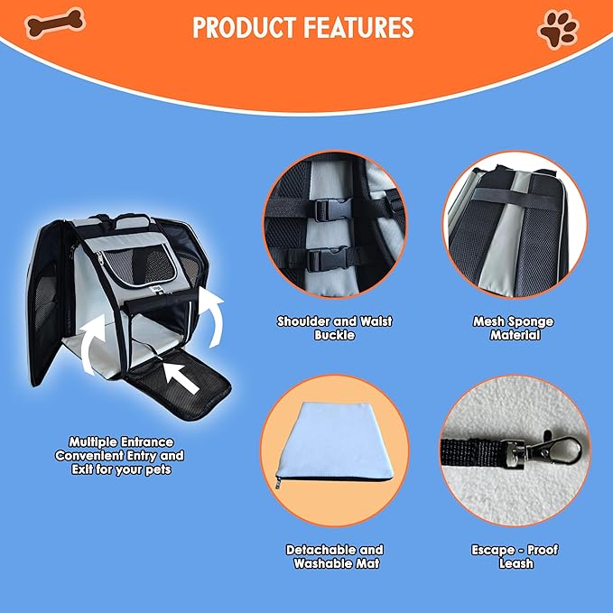 Expandable Pet Backpack Carrier – Dog & Cat, Bonus 2 Collapsible Pet Bowls, Travel Bag with 4-Way Entry, Mesh Windows, Storage Pockets, Secure Zippers, Washable Cushion