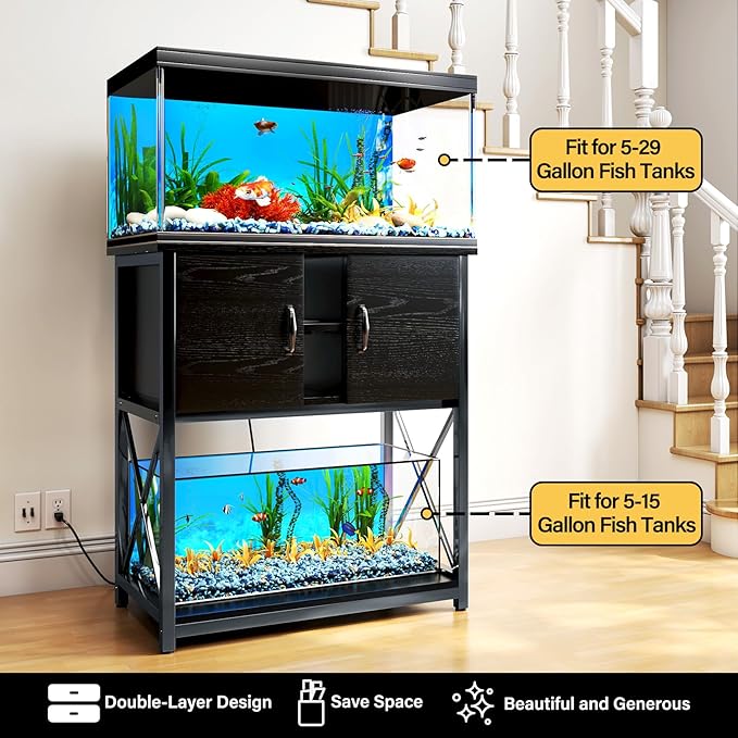 TC-HOMENY 10-29 Gallon Aquarium Stand with Charging Station and Cable Holes, Metal Fish Tank Stand with Storage Cabinet, 29" L x 16.5" W Tabletop, 880LBS Capacity