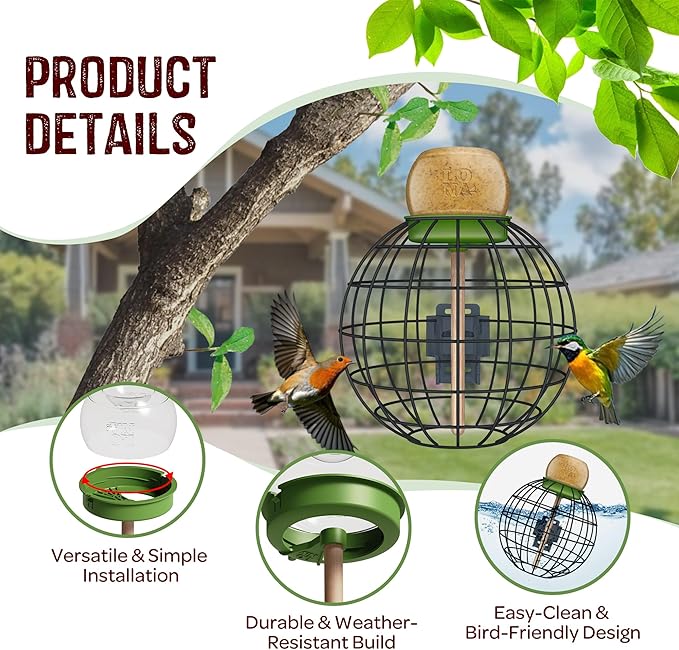 LONA Squirrel Proof Bird Feeding Cage for Outdoor All-Weather Metal Caged Bird Feeder with Peanut Butter Jar Holder, Trapeze Stick, Chew-Proof Feeding Cage for Small Birds (Round Cage, 1 Feeding Unit)