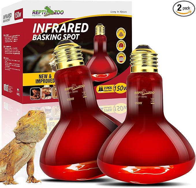 REPTI ZOO 150W Infrared Heat Lamp Bulb for Reptile, 2 Pack Infrared Basking Spot Light for Reptiles & Amphibian,Bearded Dragon, Leopard GeckoTurtle,Lizard, Chickens | Pet Brooders Heat Lamp