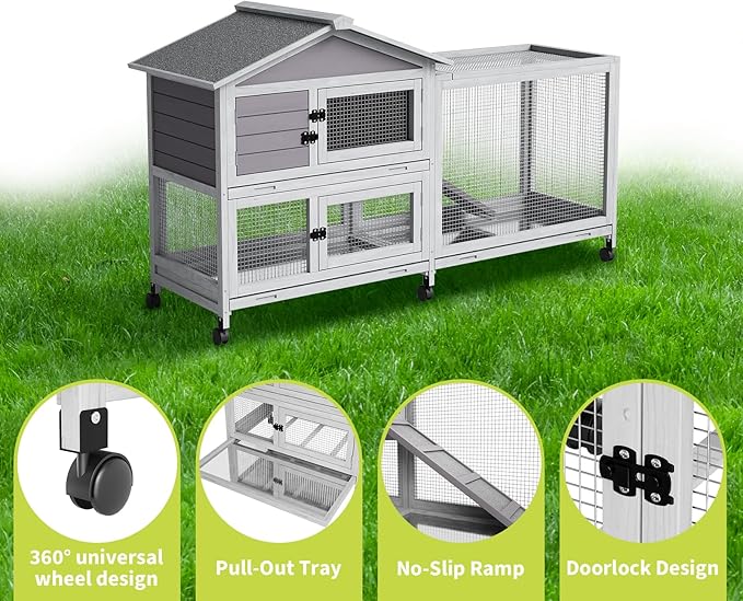 Rabbit Cage with Weatherproof Roof, Bunny Cage with 6 Lockable Caster Wheels & Pull-Out Tray, Rabbit Hutch for Indoor Outdoor Use, Grey（63.2" l x 22.4" w x 37"）