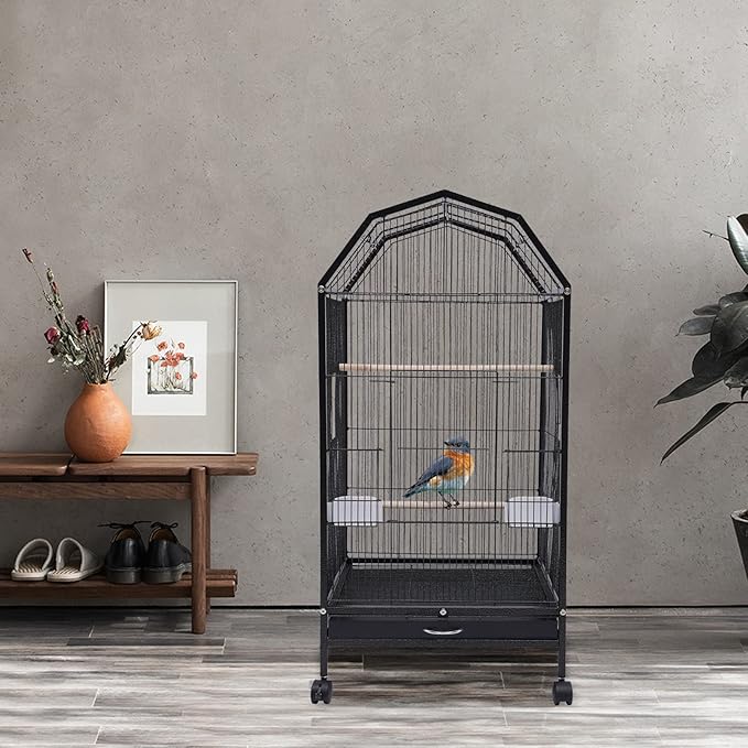 Bird Cage with Stand and Wheel,17.9x17.9x39.9 Inch Iron Rolling 360 Degree Birdcages View Spacious Interactive Roof for Parrots Finches Lovebirds Budgie Canaries Macaw Indoor Outdoor