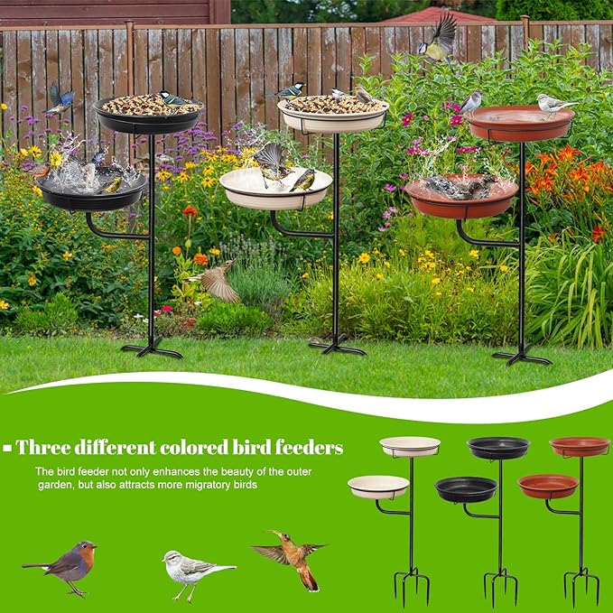 Freestanding Birdbaths Bowl Outdoor, Standing Garden Bird Bath Bird Feeder & Bird Bath Bowl, Detachable Decoration Spa Birdfeeder for Garden Patio Yard Lawn, 4 Spiky Metal Stake (Brown)