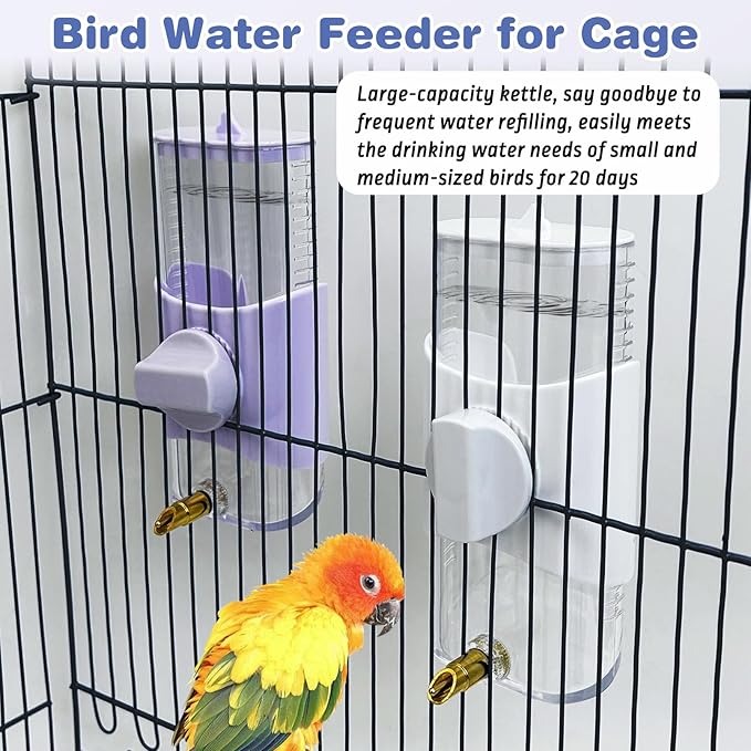 PINVNBY 2 PCS Automatic Bird Water Dispenser 9.47 Fl Oz Parakeet Water Dispenser for Cage Suspended Water Feeder Bird Cage Accessories for Budgie Lovebird Cockatiel Finch (White + Purple)