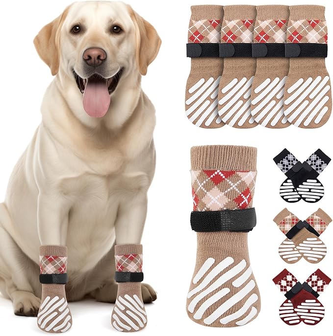 LOOBANI Dog Socks to Prevent Licking Paws - Dog Socks for Hardwood Floors Anti Slip for Traction Control - Dog Grippy Socks for Senior Dog Small Medium Large Dogs on Tile Floors, Caramel S
