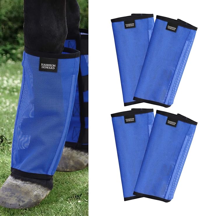 Harrison Howard Loose-Fitting Horse Fly Leggings Breathable, Tear-Resistant Fine Mesh Leg Guards Stay-on Comfortable Fly Boots (Set of 4) Blue Medium