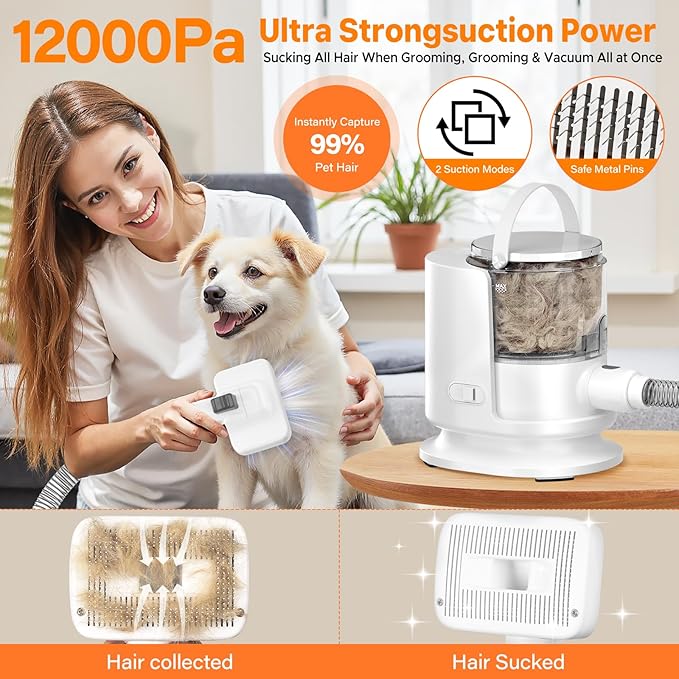 Dog Grooming Kit, 12000Pa Strong Pet Grooming Vacuum for Shedding with 5 Pet Grooming Tools for Dogs and Cats,1.5L Large Capacity, Black (White)