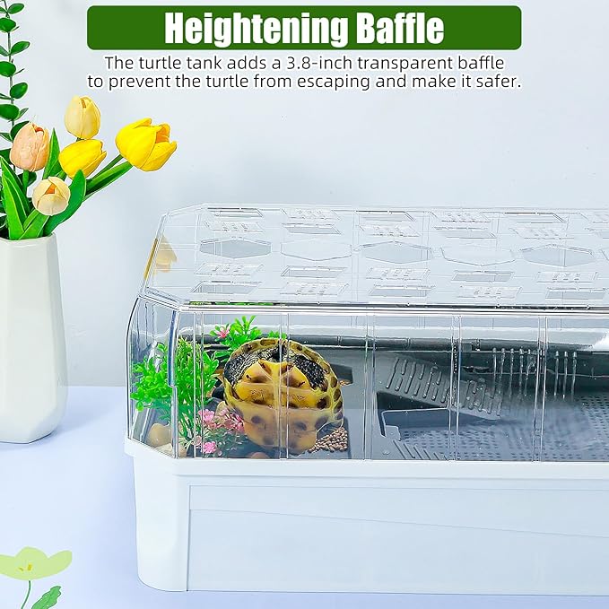 Turtle Habitat Spacious Turtle Tank Kit with Rain Shower Filter SPA & Easy Drain - Perfect for Baby Turtles, Red Eared Sliders Tortoises White, 18.2×9.2×8 Inch