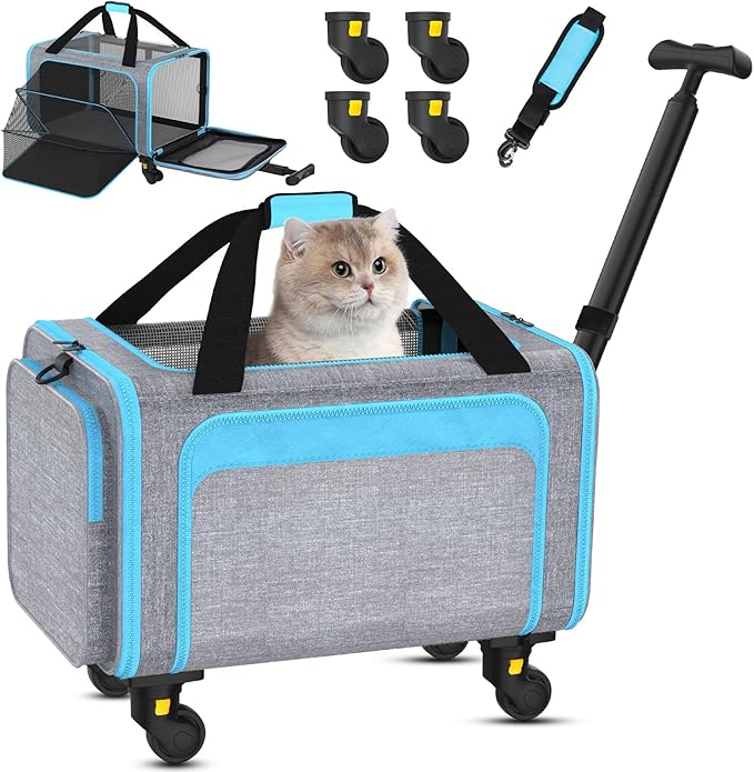 Pet Carrier with Detachable Wheels, TSA Airline Approved Rolling Cat Carrier for Small Dogs and Cats up to 15Lbs, Sturdy Frame & Smooth 360° Wheels for Travel & Vet - 18" L x 11" W x 11"