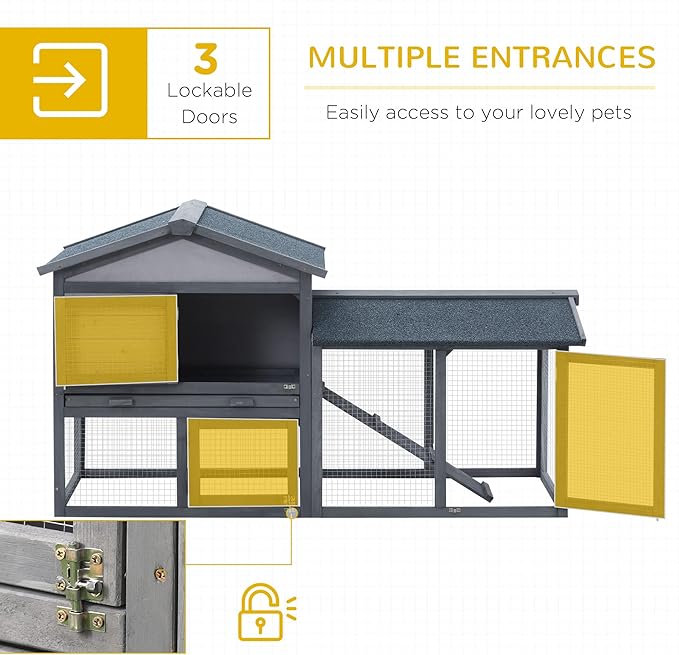 PawHut 58" Rabbit Hutch, Wooden Bunny Hutch, Guinea Pig Cage, Small Animal Enclosure with Run Area, Removable Tray, Asphalt Roof, Lockable Doors and Ramp, Dark Gray