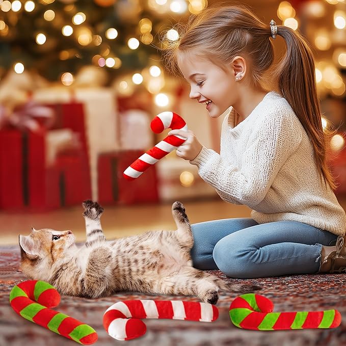 MALLMALL6 4Pcs Christmas Candy Cane Catnip Toys Gift for Cat, Indoor Kitten Chew Bite Kick Catmint Pet Toys Supplies for Cat Lover Xmas Gifts, Cute Interactive Kitty Toy for Pet Presents