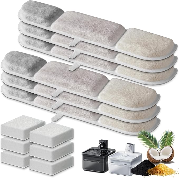 6+6 Packs Cat Water Fountain Filter Replacement Compatible with DownyPaws Cat Fountains, Fits Fursink 84oz/2.5L & 101oz/3L Pet Water Fountain with Pre-Filter Sponges