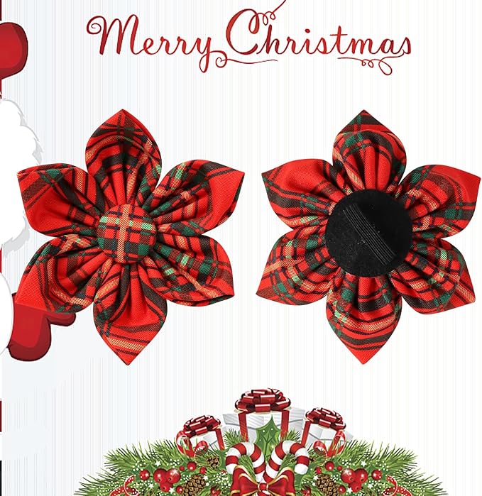 Christmas Dog Collar with Flower, Cotton Christmas Plaid Collar for Medium Girl Boy Dog,Red &Green Plaid Dog Collar Bowtie with Durable Metal Buckle,Adorable Pet Collar,S,Neck 10-16in