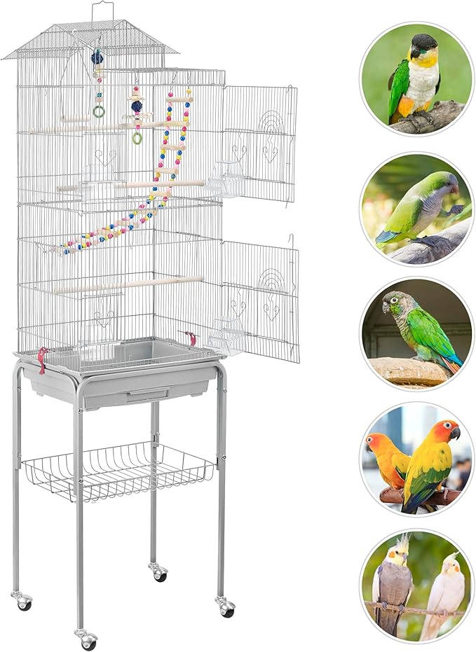 Yaheetech Metal Roof Top Bird Cage Wrought Rolling Birdcage w/Detachable Stand for Medium Small Parrots Parakeets Budgies Cockatiels