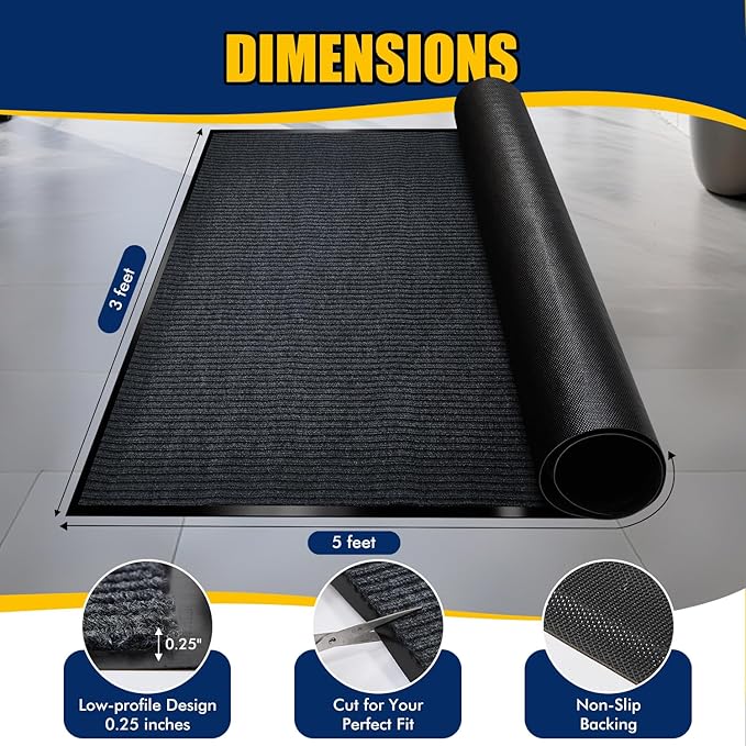 Entrance Mat for Home or Office - 3 x 5 Feet, Carpeted Indoor/Outdoor Entry Mat - Absorbent, Slip Resistant, Low-Profile, Easy to Clean, Rubber Entry Mat - Charcoal