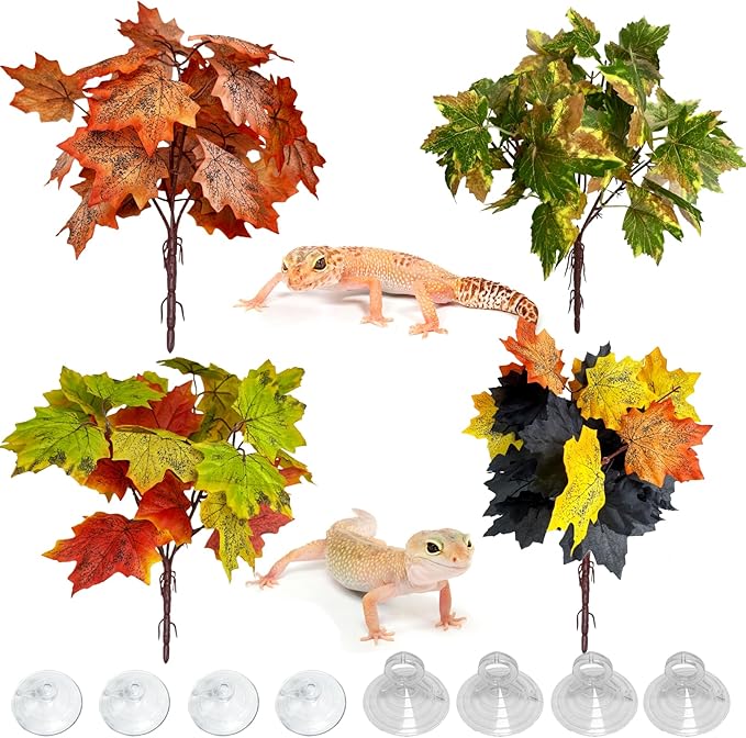 kathson Reptile Terrarium Plants Hanging Artificial Plants Lizards Habitat Decorations with Suction Cups Pets Tank Fake Green Plastic Silk Cloth Ornament for Amphibians Bearded Dragon(4PCS, Style A