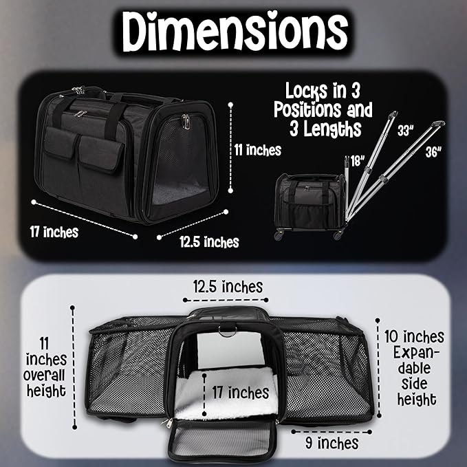 Pet Carrier with Wheels | Delta American Frontier Airline Approved | Two Expandable Sides, Storage Pockets Adjustable Leash | Rolling Dog and Cat Carrier TSA Compliant (Black 17x12.5x11)
