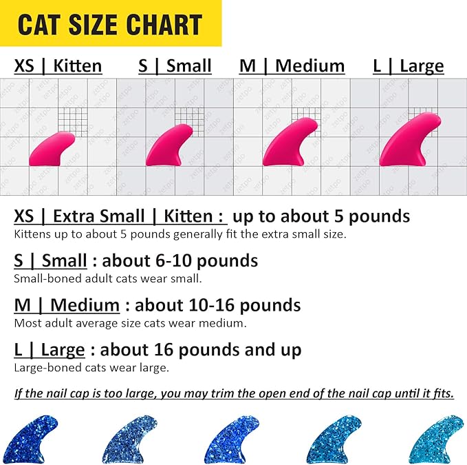 zetpo 100 pcs Cat Nail Caps | Cat Claw Covers | with Adhesives and Applicators (M, 5X Blue Glitter Shades)