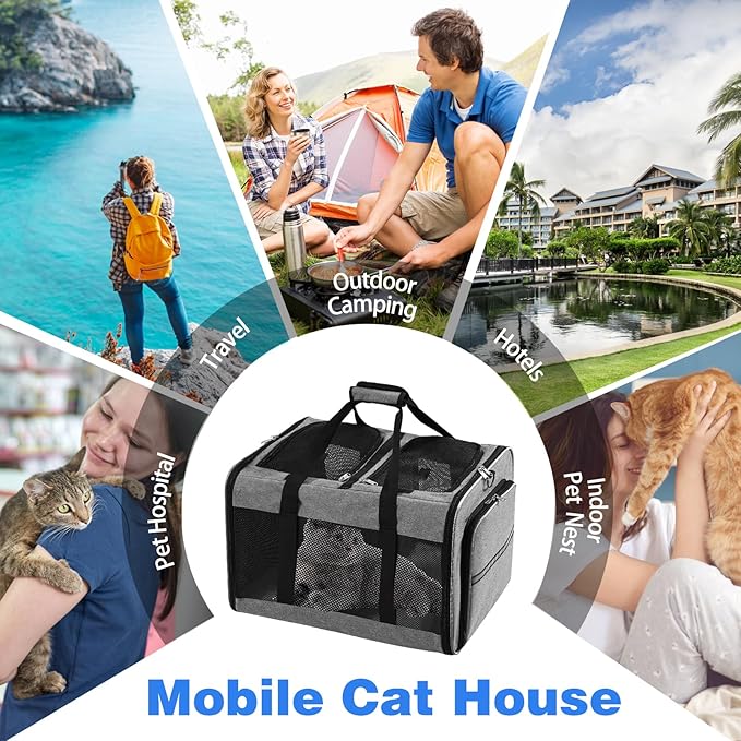 Portable 2-in-1 Pet Carrier,Double Compartment Cat & Dog Carrier for 2 Cats,Expandable Medium Dogs Large Cat Carrier with Sturdy Base,Breathable,Good for Traveling Walking Camping（Grey）