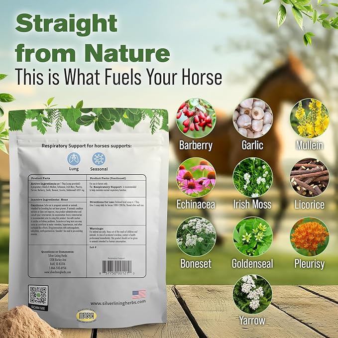 Silver Lining Herbs Respiratory Support Supplement for Horses - Horse Supplements for Lung Cleanse & Respiratory Health - Great for Lung Function, Breathing & Clear Airways - 1 lb 60-Day Supply