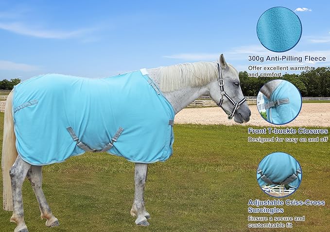 Horse Fleece Cooler, Blanket Liner - 300g Anti-Pilling Fleece, Moisture-Wicking, Cooling & Drying for Post-Workout, Bath & Travel, Prevent Overheating & Chilling Lightblue 75