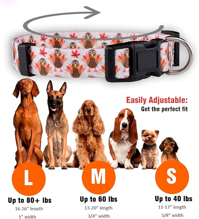 Native Pup Thanksgiving Dog Collar- Fall Collars for Dogs- Autumn Leaf, Turkey, Pumpkin Pie, Holiday Leaves- Girl Boy Puppy- Adjustable for Small, Medium, Large Breeds (Turkey, Small)