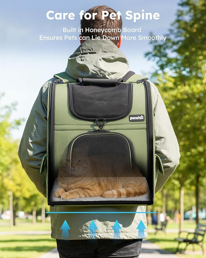 Pecute Expandable Cat Backpack Carrier, Backpack for Cats & Small Dogs Up to 11lbs, with 4-Side Breathable Mesh, Multi-Entry & Lockable Zippers for Travel, Hiking, Camping - Hands Free, Green