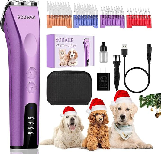 Professional Animal Pet Dog Cat and Horse Cordless Hair Clipper Grooming Kit with 5 in 1 Blade Low Noise & High Power Rechargeable Cordless Pet Grooming Clipper for Thick Heavy Coats -Purple