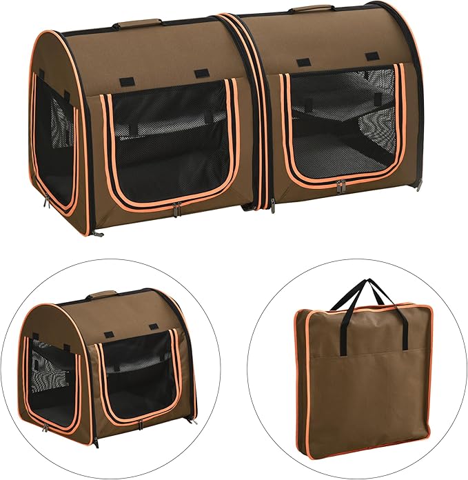 PawHut 39" Portable Soft-Sided Cat Carrier, Cat Kennel, Travel Dog Crate with Divider, Two Compartments, Soft Cushions & Storage Bag, Easy to Fold, Brown