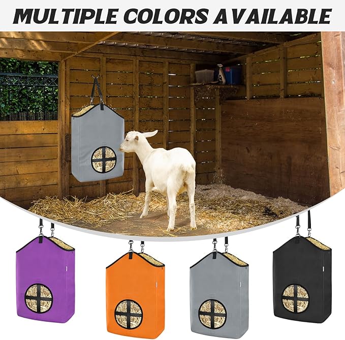 3 PCS Goat Hay Feeder,Hay Bags for Horses,Goats,Donkeys with Reinforced Oxford Fabric and High Strength Metal Clasp,Horse Feeding Supplies with Adjustable Strap for Easy Hanging (2Grey+1Black)