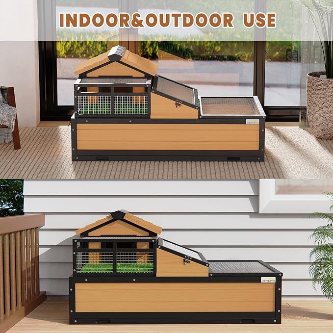 3-Room Large Tortoise Habitat with Pull-Out Tray, Wooden Tortoise Enclosure Indoor & Outdoor with Ramp, Grass Mat, Openable Roof, Luxurious Reptile Enclosure for Small Animals, Yellow
