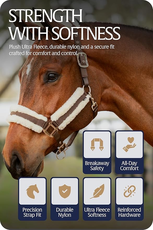 Equinavia Valkyrie Ultra Fleece Breakaway Horse Halter | Padded Fleece Adjustable Safety Halter with Nylon Webbing - Brown/Ivory White - Cob