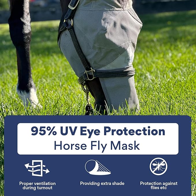 Horse Fly Mask with Nose Cover and Ears - 95% UV Eye Protection - Built-in Visor - Breathable, Lightweight Mask - Adjustable Fit for Comfort Horse Medium/Large Size