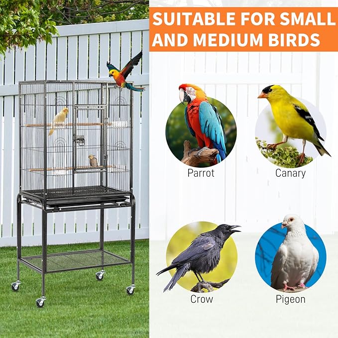 VINGLI 53-inch Large Bird Cage with Rolling Stand, Durable Wrought Iron Parakeet Cage with Slide Out Tray, Black Bird Cages for Parakeets/Lovebird/Cockatiels/Budgies and Other Small/Medium Birds