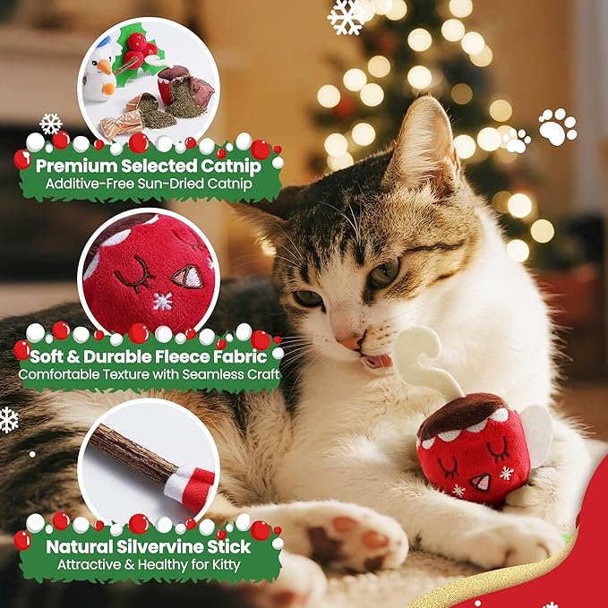 Christmas Cat Toys - 5PCS Catnip Toys for Cats Christmas Theme, Cat Chew Toy with Silvervine Sticks for Cats Health, Durable Fleece Material Snowman, Gingerbread, Cane, Coffee, Holly Berry