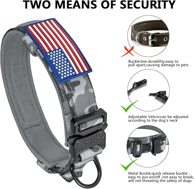 DAGANXI Tactical Dog Collar, Adjustable Military Training Nylon Dog Collar with Control Handle and Heavy Metal Buckle for Medium and Large Dogs, with Patches and Airtags Case (XXL, Camo)
